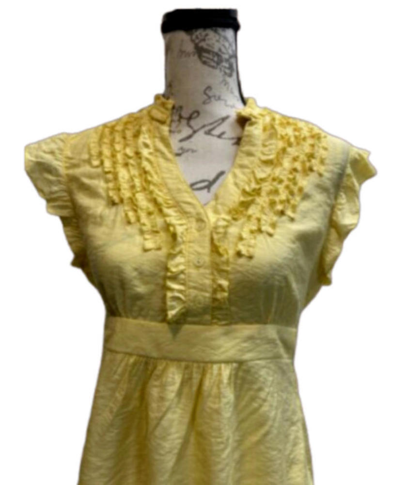 MINE Women’s Yellow Button & Ruffle Front Top With Side Zip & Tie Back Size L